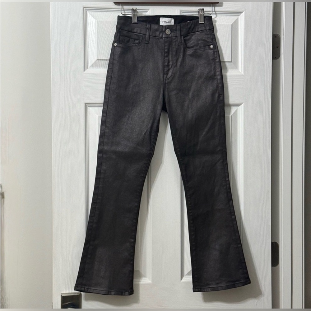FRAME Brown Mini Kick Boot Flare Coated Jeans